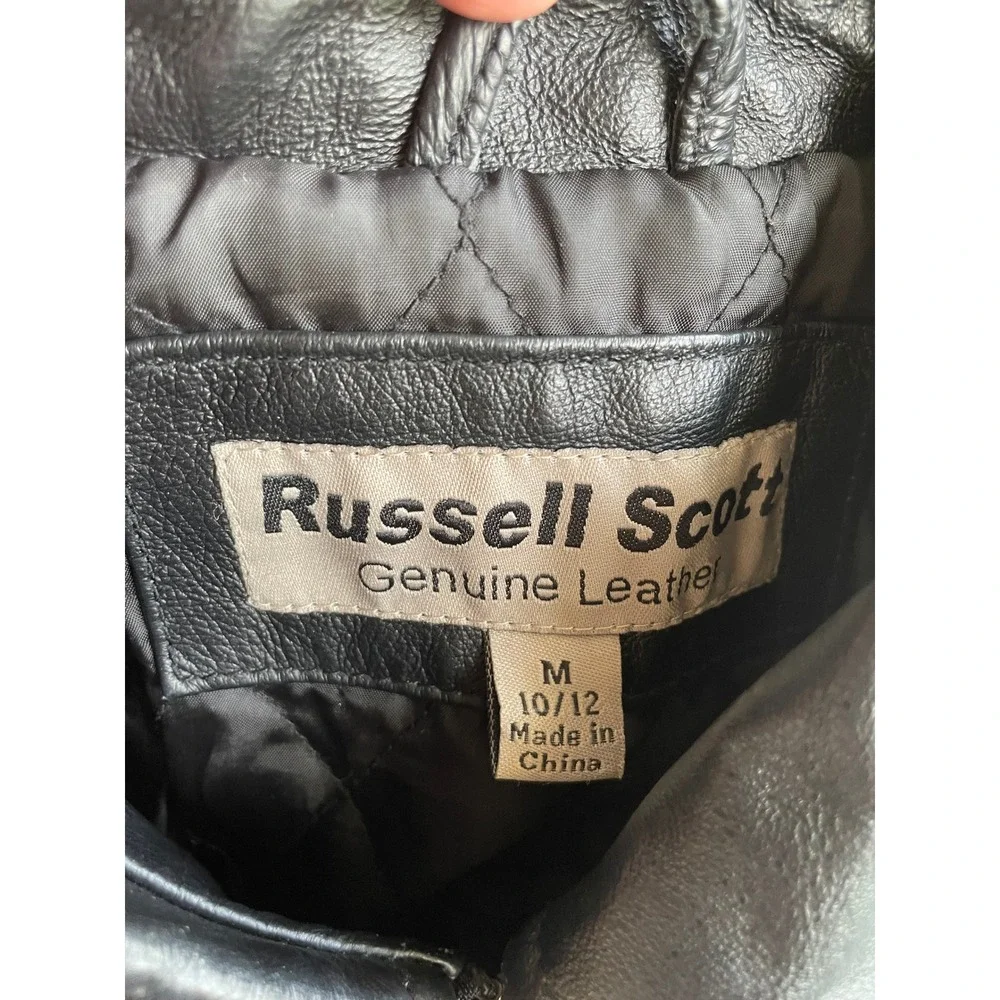 VTG Y2K Kids Russell Scott Black Genuine Leather Bomber Jacket - Size 10/12